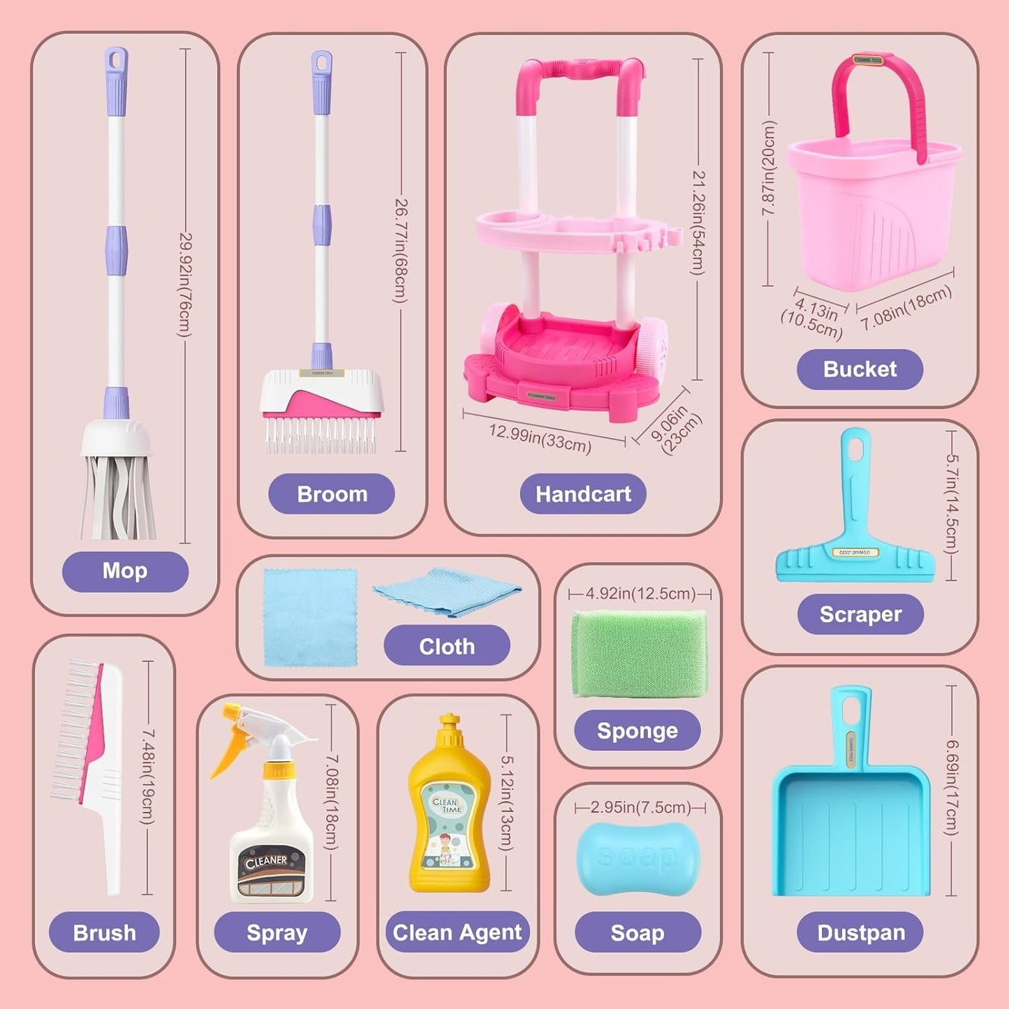 Housekeeping Cleaning Trolley Playset Caddy Includes Accessories and Toy Vacuum, Safe for Ages 3+
