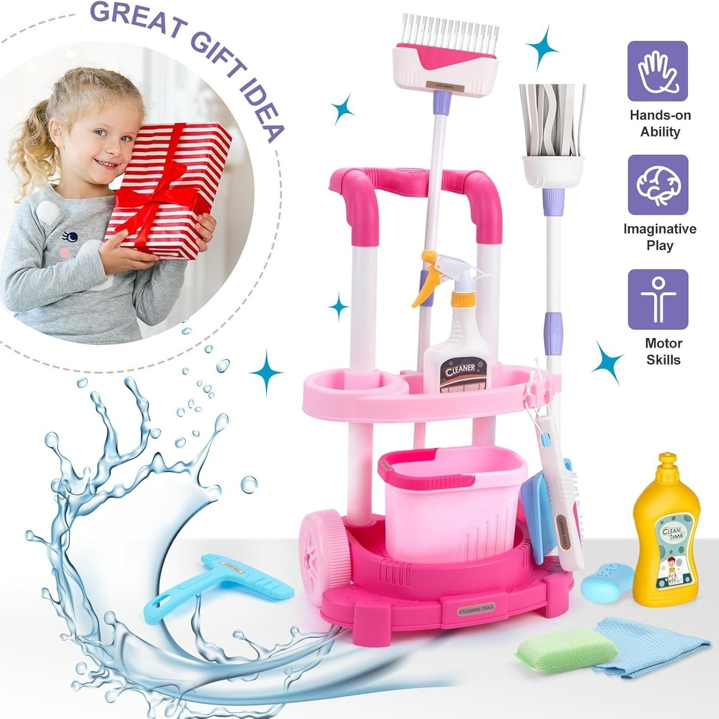 Housekeeping Cleaning Trolley Playset Caddy Includes Accessories and Toy Vacuum, Safe for Ages 3+