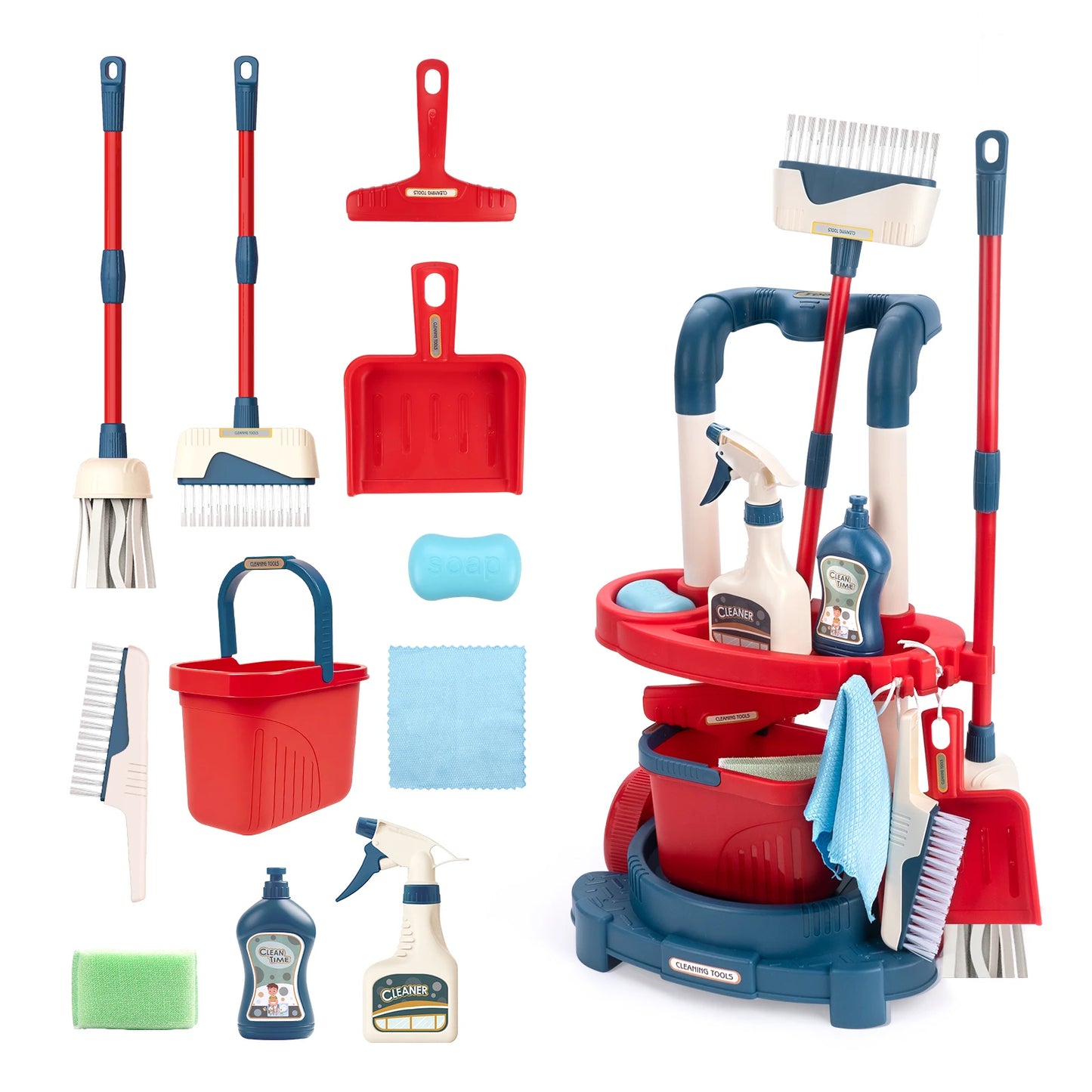 Housekeeping Cleaning Trolley Playset Caddy Includes Accessories and Toy Vacuum, Safe for Ages 3+