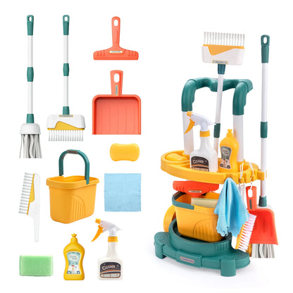 Housekeeping Cleaning Trolley Playset Caddy Includes Accessories and Toy Vacuum, Safe for Ages 3+