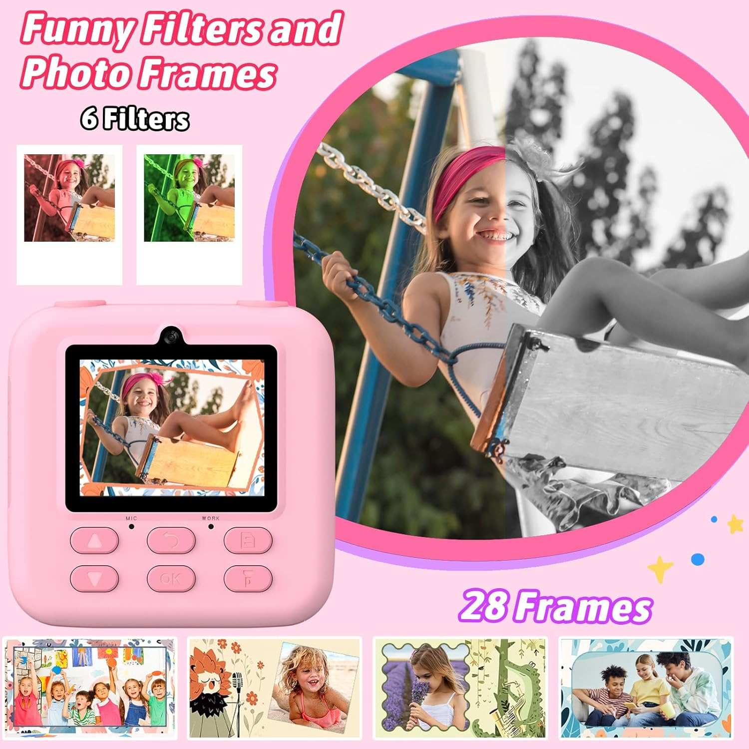 Instant Print Kids Digital Camera with 1080P HD Dual Lenses and 32GB SD Card