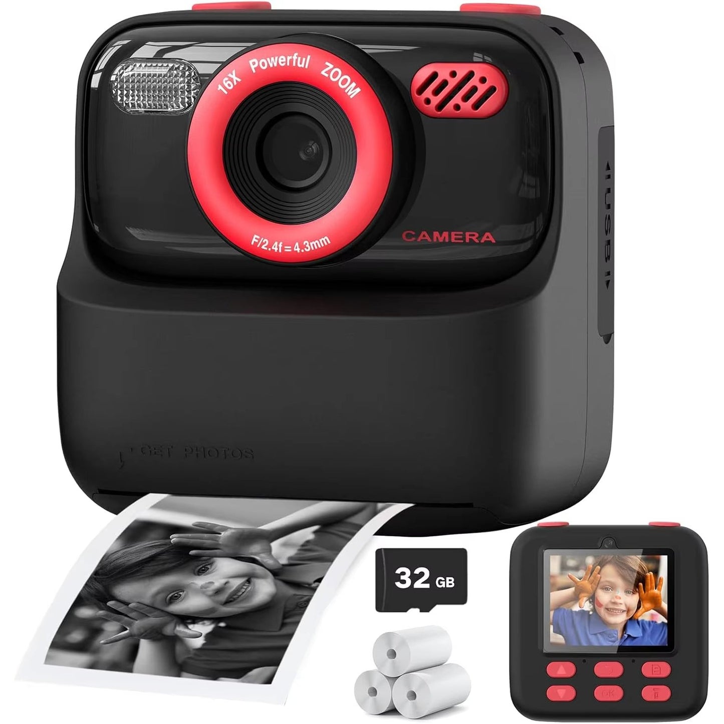 Instant Print Kids Digital Camera with 1080P HD Dual Lenses and 32GB SD Card