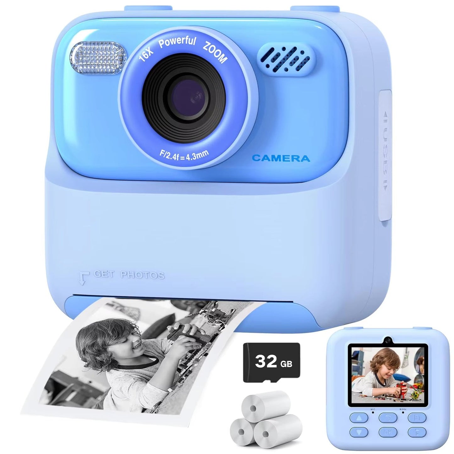Instant Print Kids Digital Camera with 1080P HD Dual Lenses and 32GB SD Card