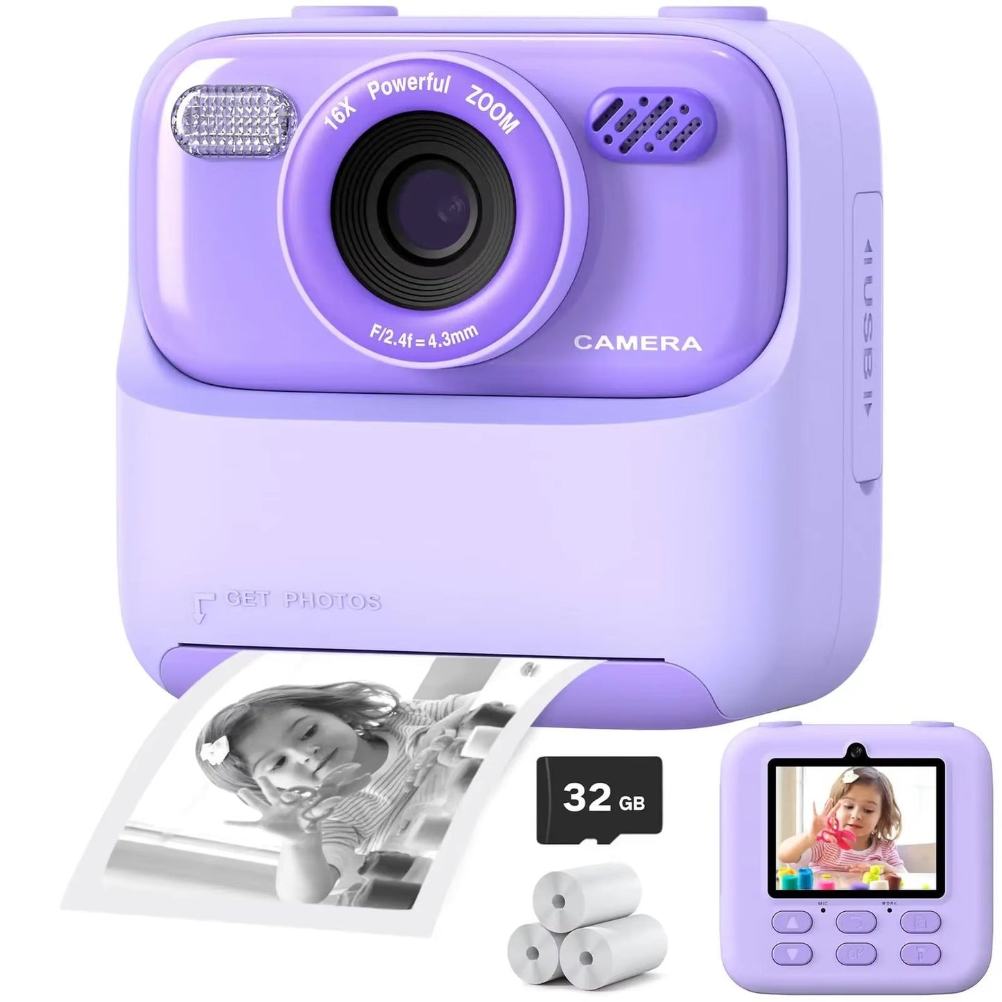 Instant Print Kids Digital Camera with 1080P HD Dual Lenses and 32GB SD Card