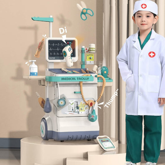 Interactive Doctor Playset with Medical Trolley Cart Pretend Medical Tool Box Play Toy for Kids, Toddlers - Includes Doctor Tools & Accessories