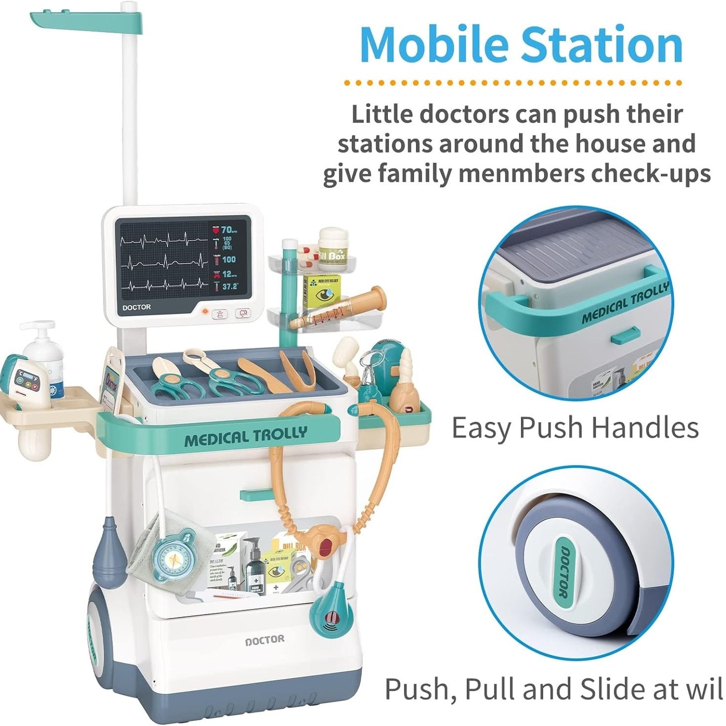 Interactive Doctor Playset with Medical Trolley Cart Pretend Medical Tool Box Play Toy for Kids, Toddlers - Includes Doctor Tools & Accessories