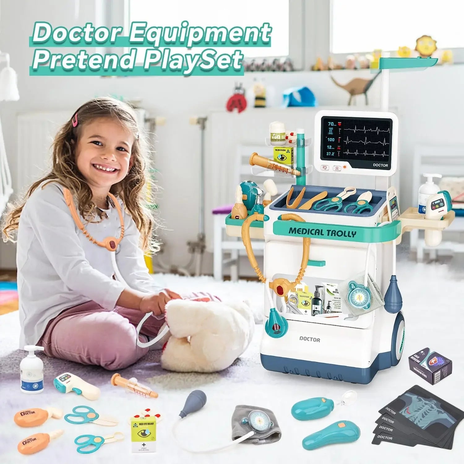 Interactive Doctor Playset with Medical Trolley Cart Pretend Medical Tool Box Play Toy for Kids, Toddlers - Includes Doctor Tools & Accessories