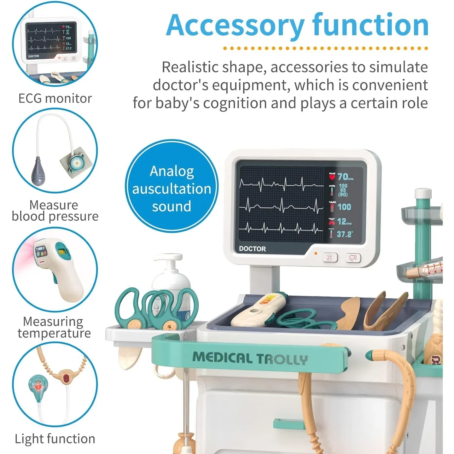 Interactive Doctor Playset with Medical Trolley Cart Pretend Medical Tool Box Play Toy for Kids, Toddlers - Includes Doctor Tools & Accessories