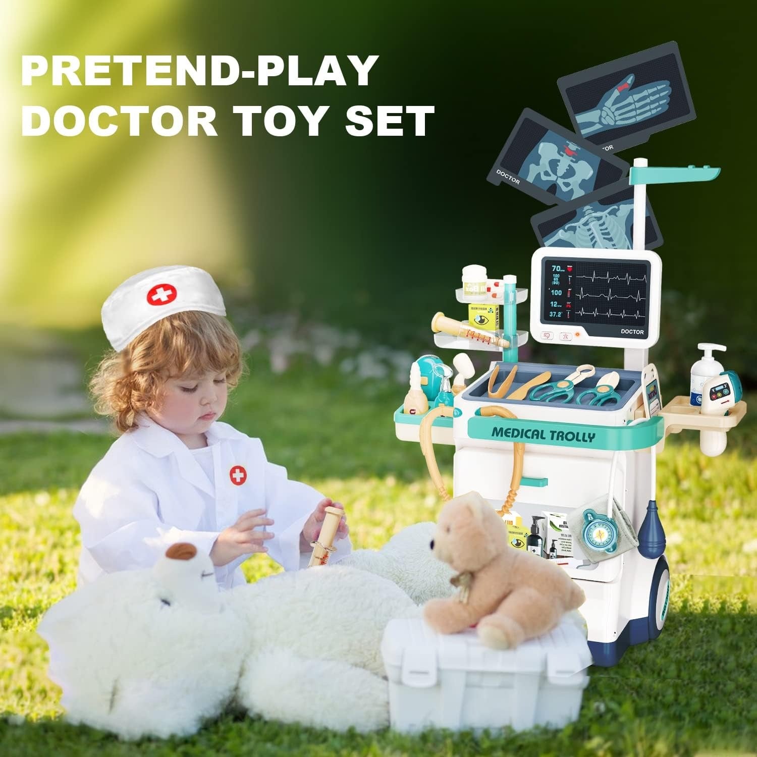 Interactive Doctor Playset with Medical Trolley Cart Pretend Medical Tool Box Play Toy for Kids, Toddlers - Includes Doctor Tools & Accessories