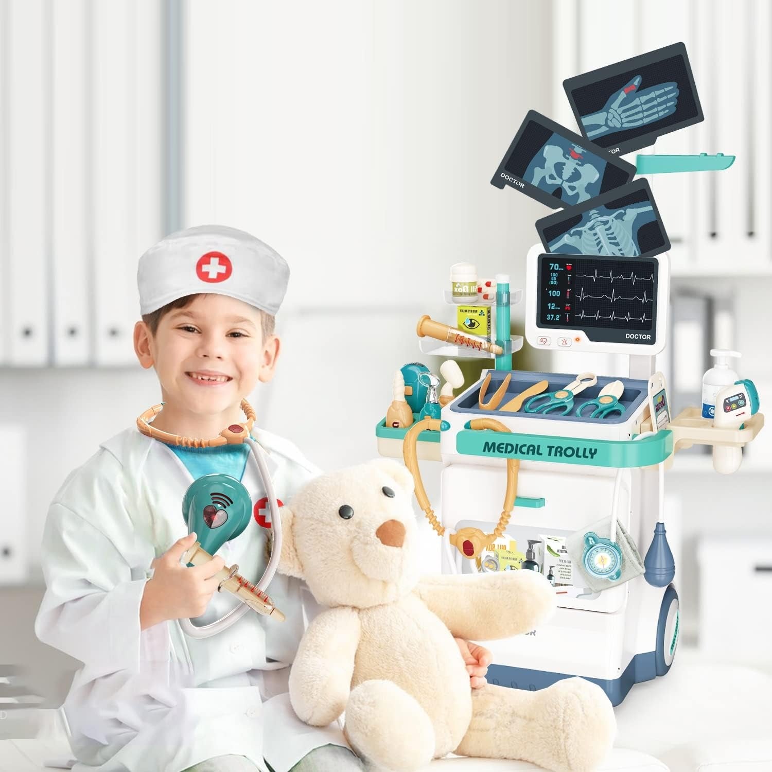 Interactive Doctor Playset with Medical Trolley Cart Pretend Medical Tool Box Play Toy for Kids, Toddlers - Includes Doctor Tools & Accessories