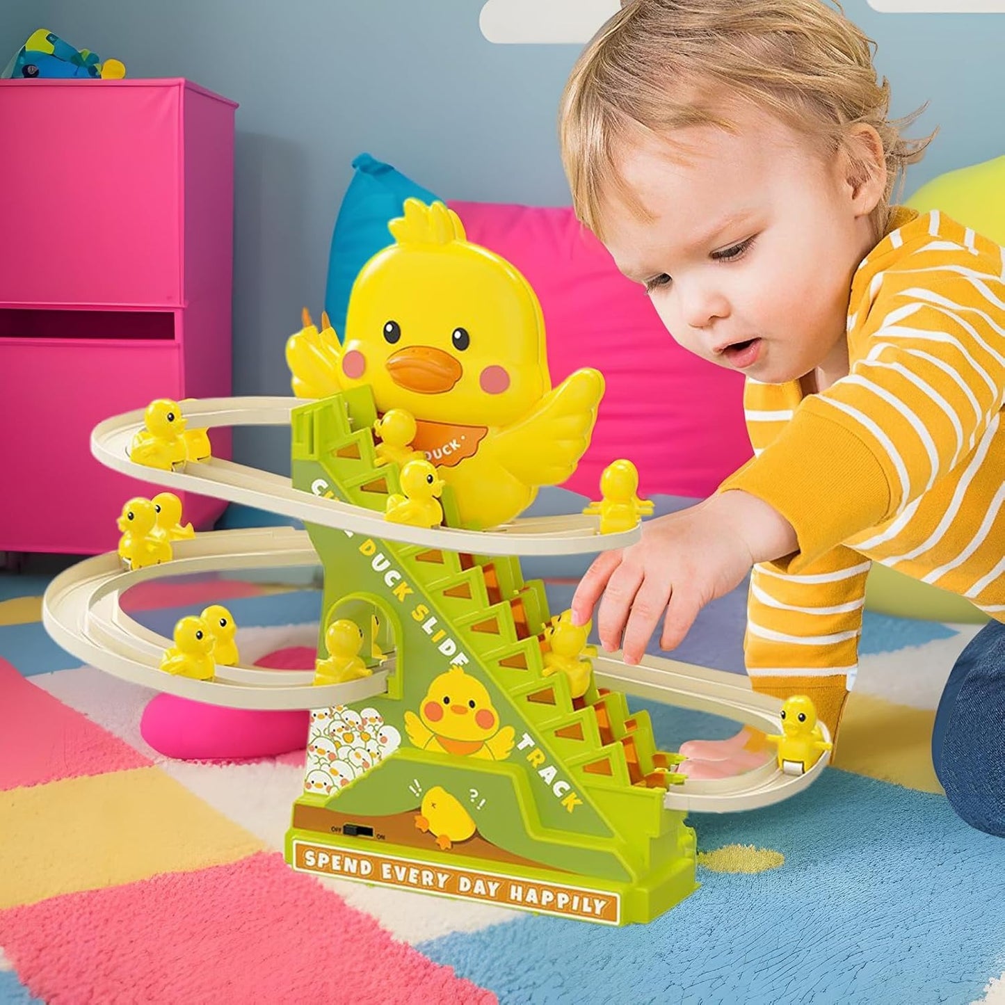 Interactive Duck Climbing Stairs Toy with Music, LED Lights & Educational, Safe for Kids 3+