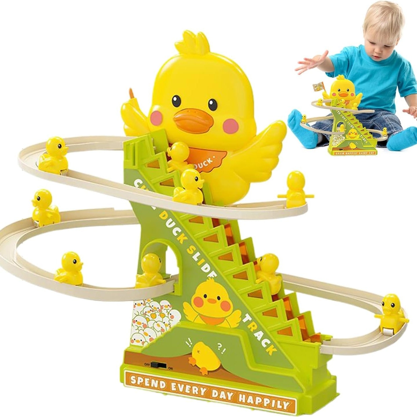 Interactive Duck Climbing Stairs Toy with Music, LED Lights & Educational, Safe for Kids 3+
