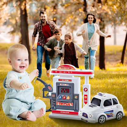 Interactive Gas Station Toy Set with Water Spray Pump, Light & Music Police Car, Safe for Kids Ages 3+