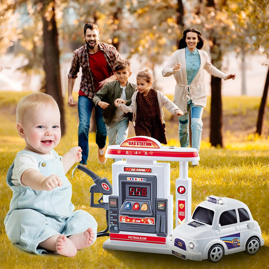 Interactive Gas Station Toy Set with Water Spray Pump, Light & Music Police Car, Safe for Kids Ages 3+