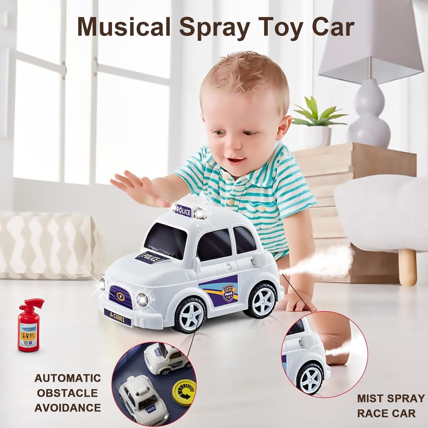 Interactive Gas Station Toy Set with Water Spray Pump, Light & Music Police Car, Safe for Kids Ages 3+