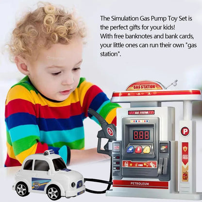 Interactive Gas Station Toy Set with Water Spray Pump, Light & Music Police Car, Safe for Kids Ages 3+