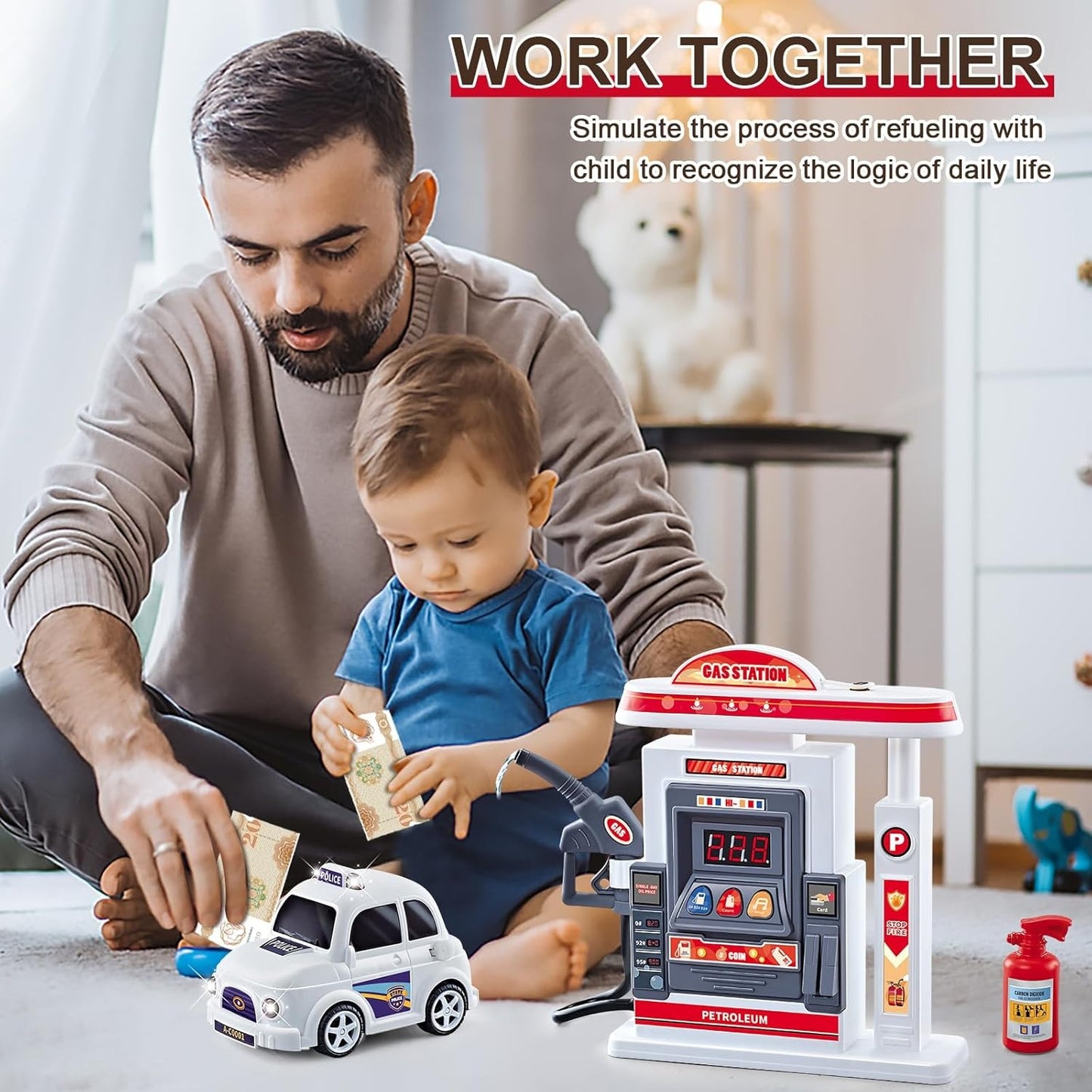 Interactive Gas Station Toy Set with Water Spray Pump, Light & Music Police Car, Safe for Kids Ages 3+