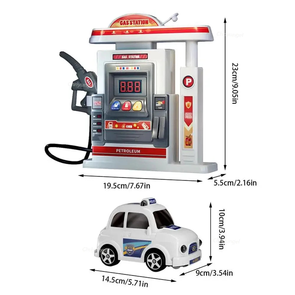 Interactive Gas Station Toy Set with Water Spray Pump, Light & Music Police Car, Safe for Kids Ages 3+