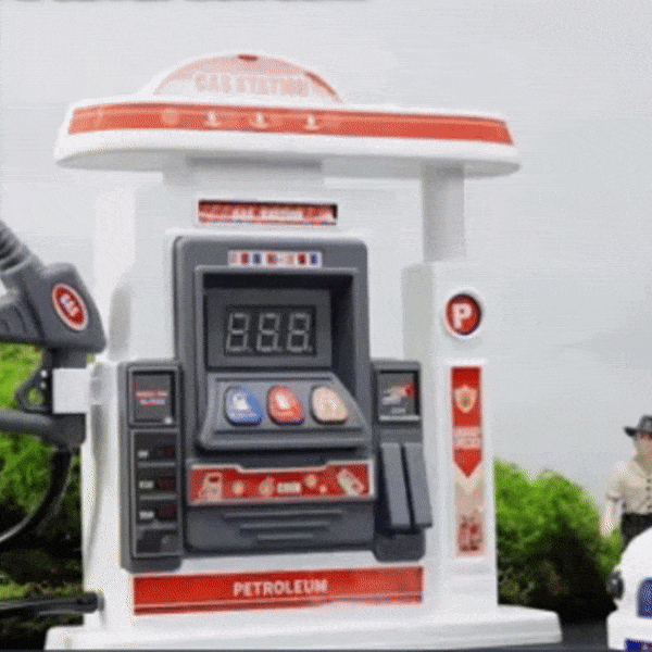 Interactive Gas Station Toy Set with Water Spray Pump, Light & Music Police Car, Safe for Kids Ages 3+