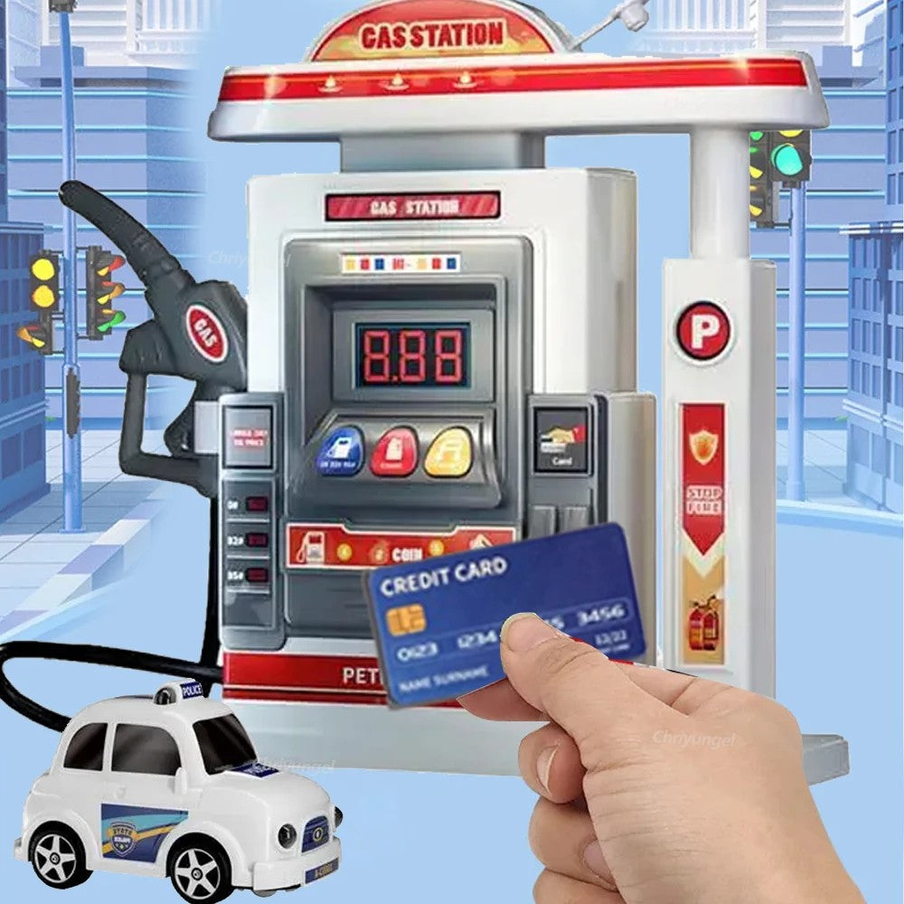 Interactive Gas Station Toy Set with Water Spray Pump, Light & Music Police Car, Safe for Kids Ages 3+