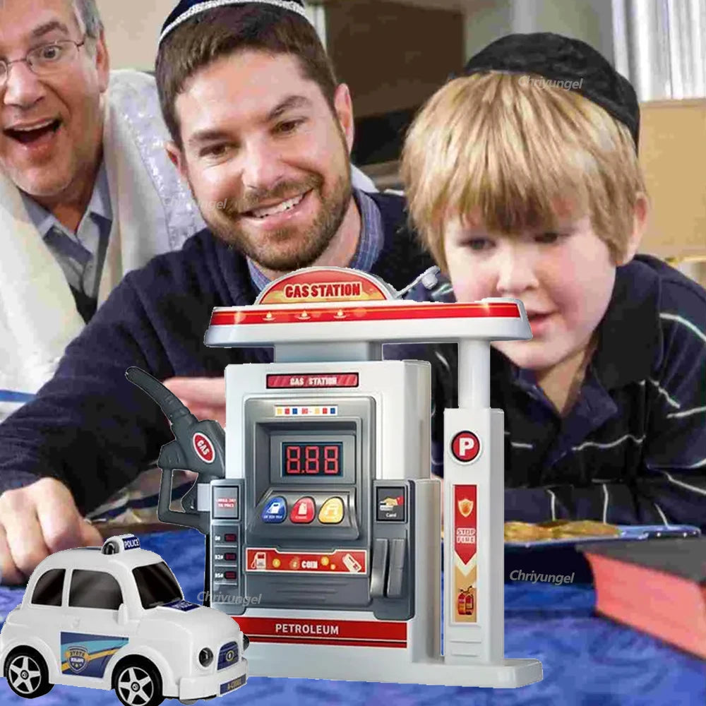Interactive Gas Station Toy Set with Water Spray Pump, Light & Music Police Car, Safe for Kids Ages 3+