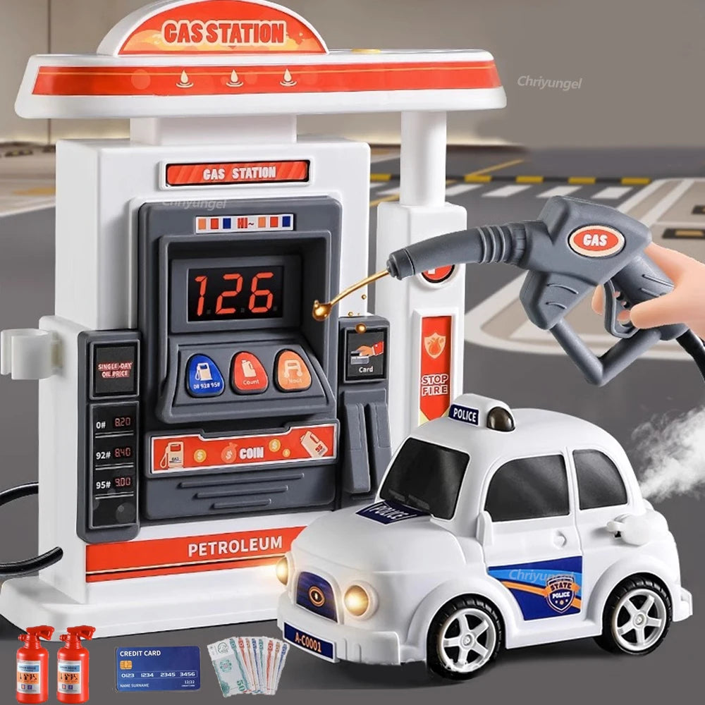 Interactive Gas Station Toy Set with Water Spray Pump, Light & Music Police Car, Safe for Kids Ages 3+