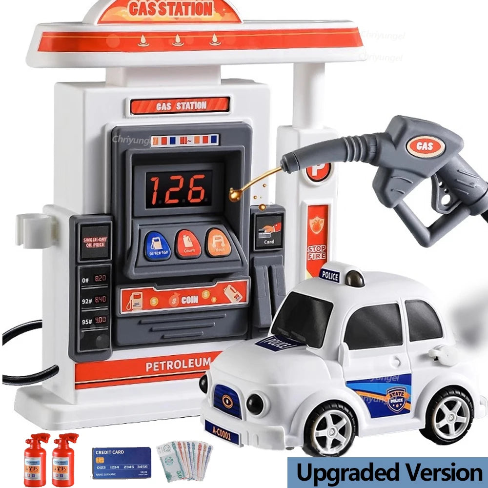 Interactive Gas Station Toy Set with Water Spray Pump, Light & Music Police Car, Safe for Kids Ages 3+