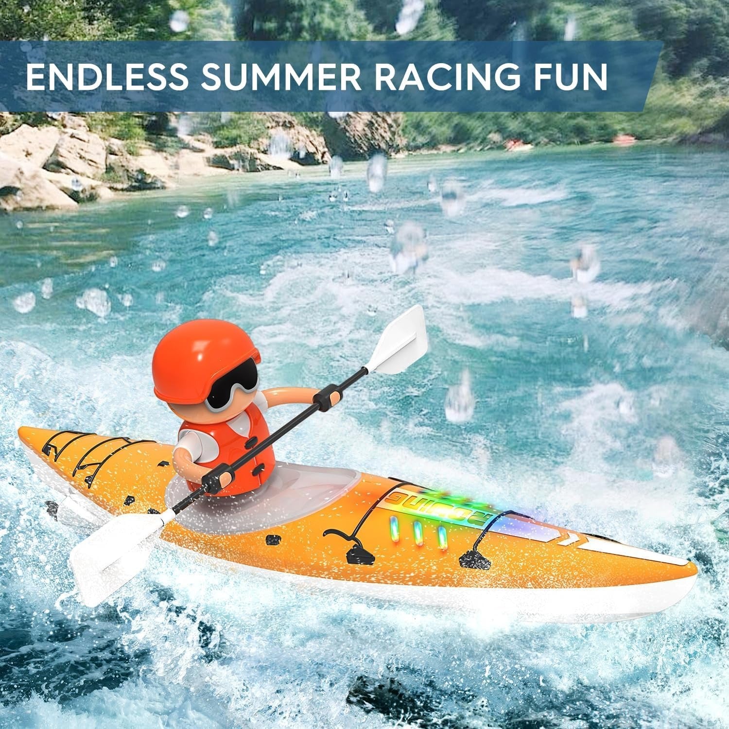 Kayak Racing Ship Remote Control with LED Colorful Lights, Anti-Capsize Balance System, Safe for Ages 6+