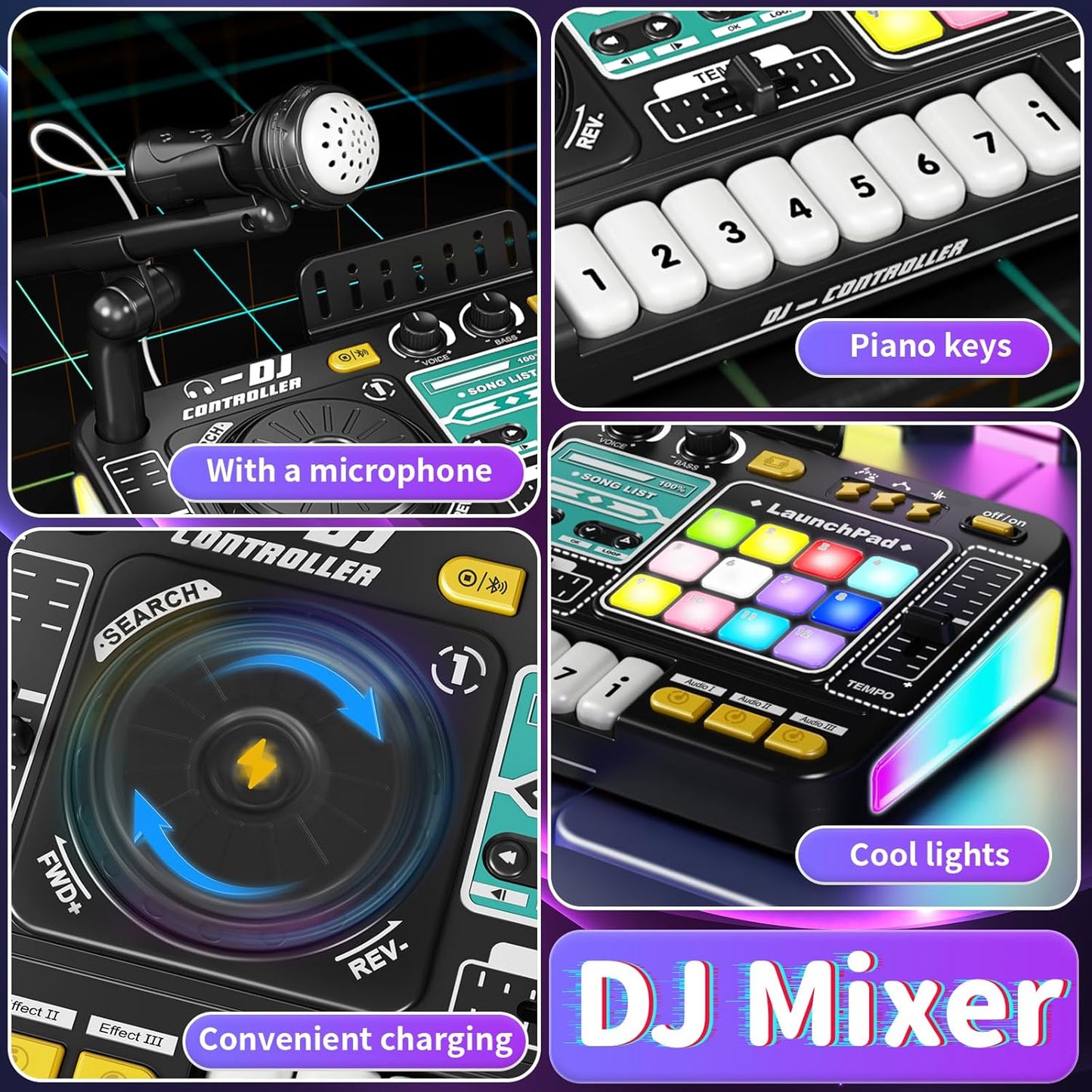 Kids DJ Mixer Music Toy with Microphone – Light-Up DJ Controller with Sound Effects and Bluetooth Function Safe For Ages 3+