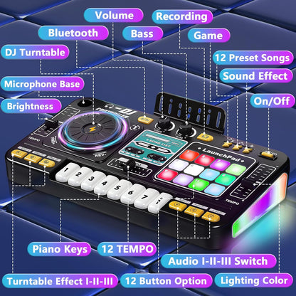 Kids DJ Mixer Music Toy with Microphone – Light-Up DJ Controller with Sound Effects and Bluetooth Function Safe For Ages 3+