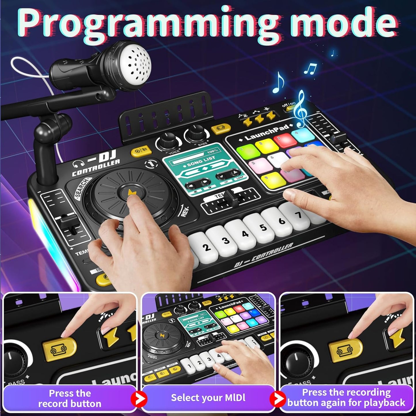 Kids DJ Mixer Music Toy with Microphone – Light-Up DJ Controller with Sound Effects and Bluetooth Function Safe For Ages 3+