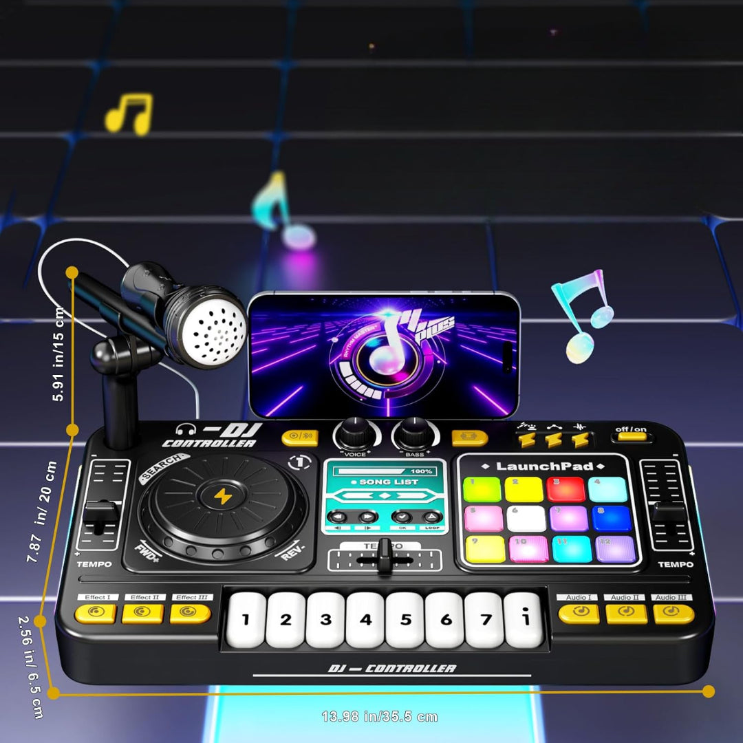 Kids DJ Mixer Music Toy with Microphone – Light-Up DJ Controller with Sound Effects and Bluetooth Function Safe For Ages 3+