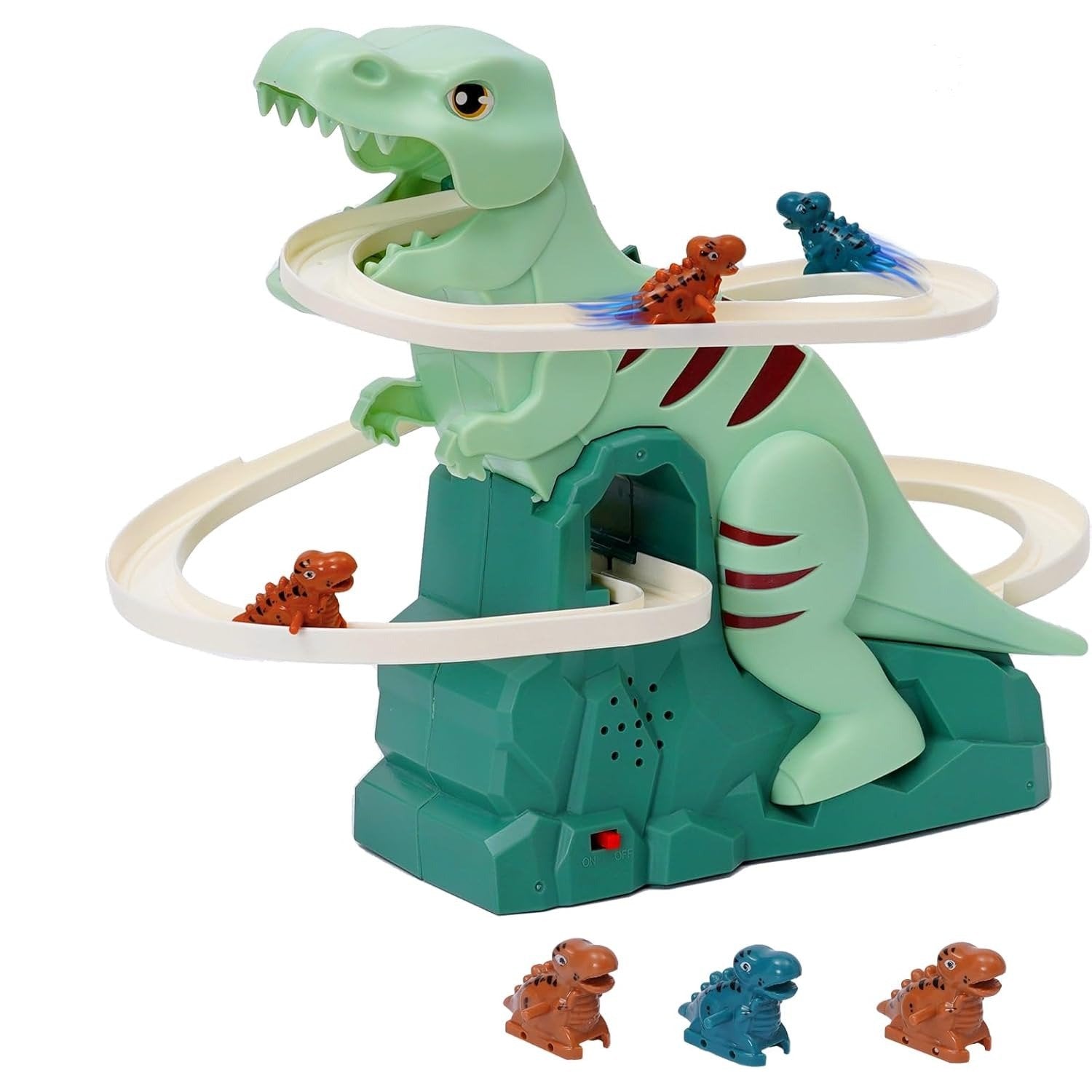 Kids' Dinosaur Race Track Interactive Automatic Climbing Cars With LED Lights, Battery Powered, On Off Switch for Ages 3+
