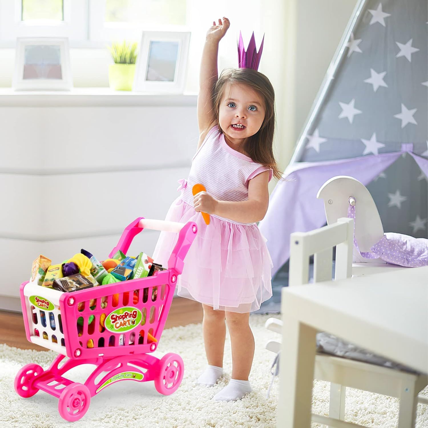 Kids Easy to Assemble Shopping Cart with Groceries, POS Machine, Plastic Money, Credit Cards and Shopping Cards