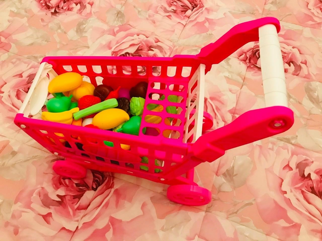 Kids Easy to Assemble Shopping Cart with Groceries, POS Machine, Plastic Money, Credit Cards and Shopping Cards