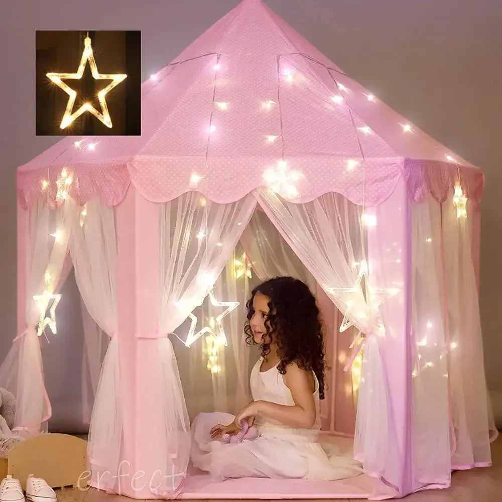 Kids Indoor & Outdoor Playhouse Tent with Foldable, Portable Design, LED Star String Lights and Breathable Mesh Curtains, Safe for Ages 3+