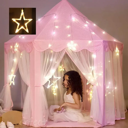 Kids Indoor & Outdoor Playhouse Tent with Foldable, Portable Design, LED Star String Lights and Breathable Mesh Curtains, Safe for Ages 3+