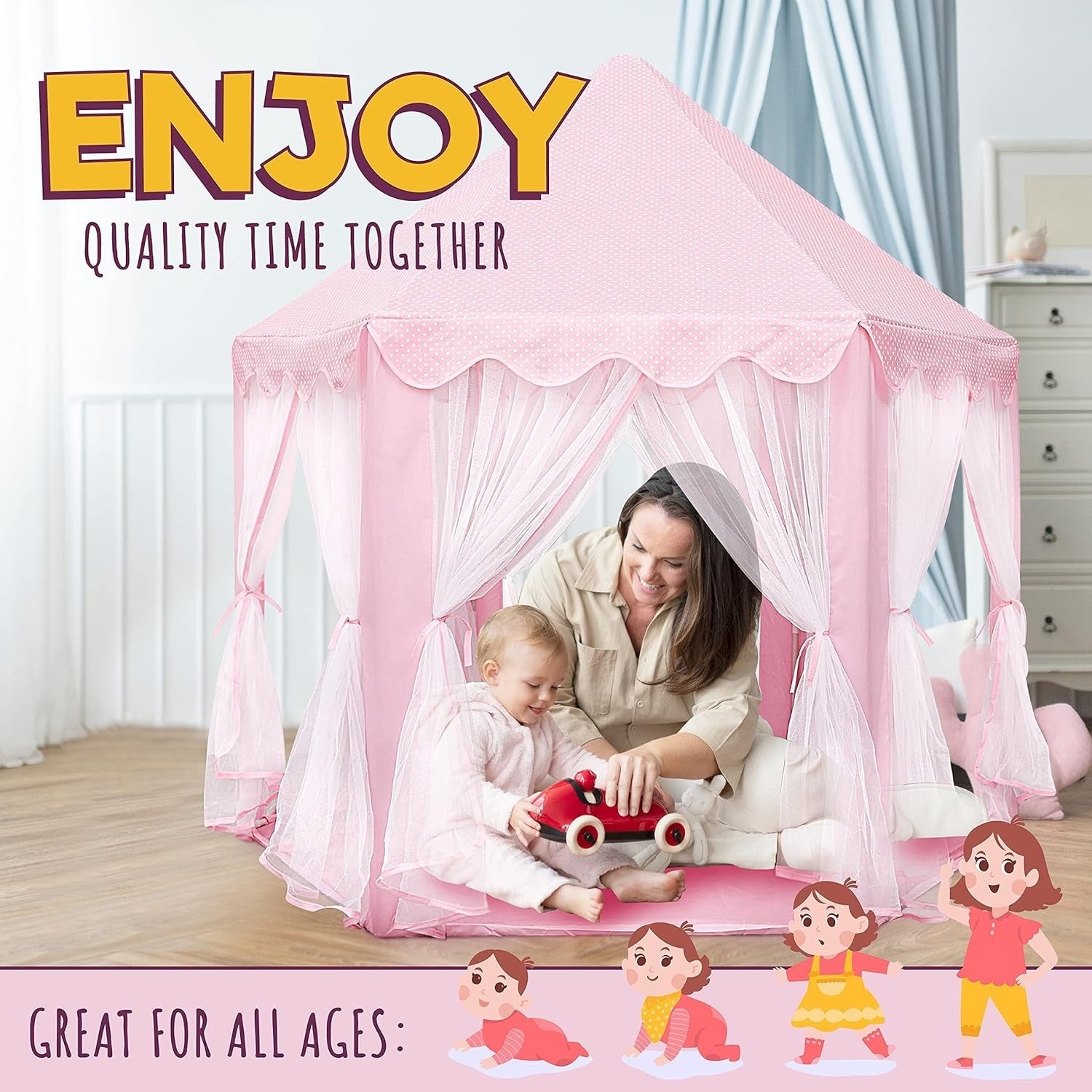 Kids Indoor & Outdoor Playhouse Tent with Foldable, Portable Design, LED Star String Lights and Breathable Mesh Curtains, Safe for Ages 3+