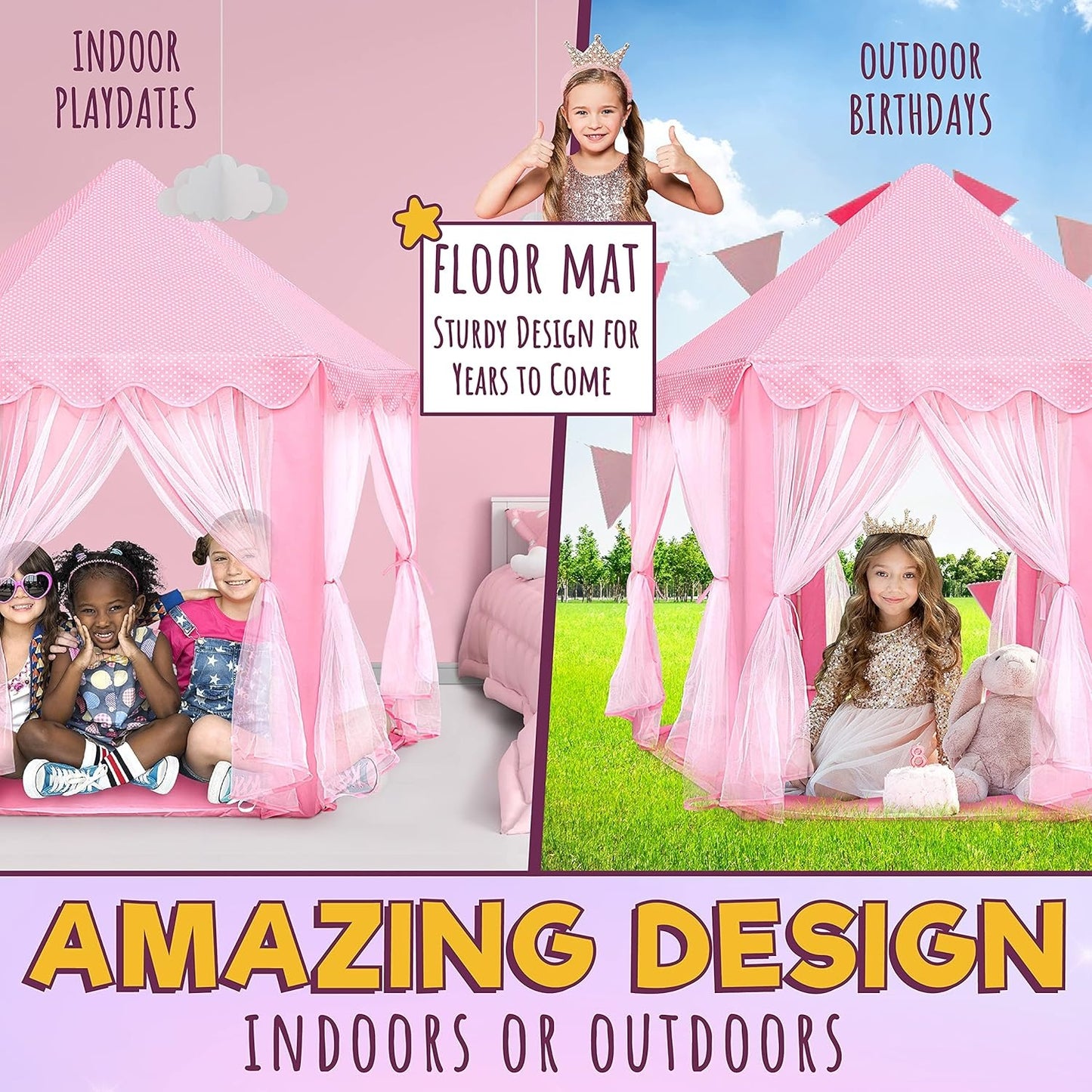 Kids Indoor & Outdoor Playhouse Tent with Foldable, Portable Design, LED Star String Lights and Breathable Mesh Curtains, Safe for Ages 3+