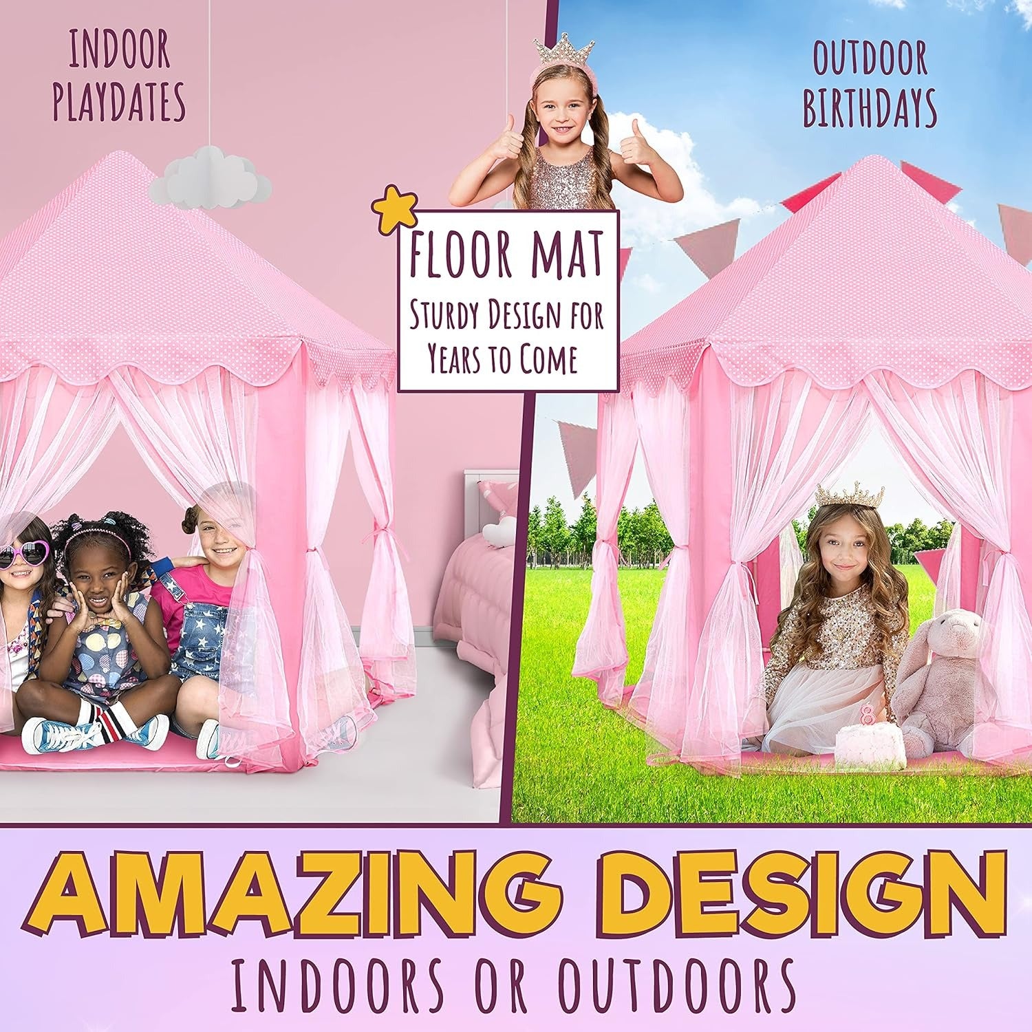 Kids Indoor & Outdoor Playhouse Tent with Foldable, Portable Design, LED Star String Lights and Breathable Mesh Curtains, Safe for Ages 3+