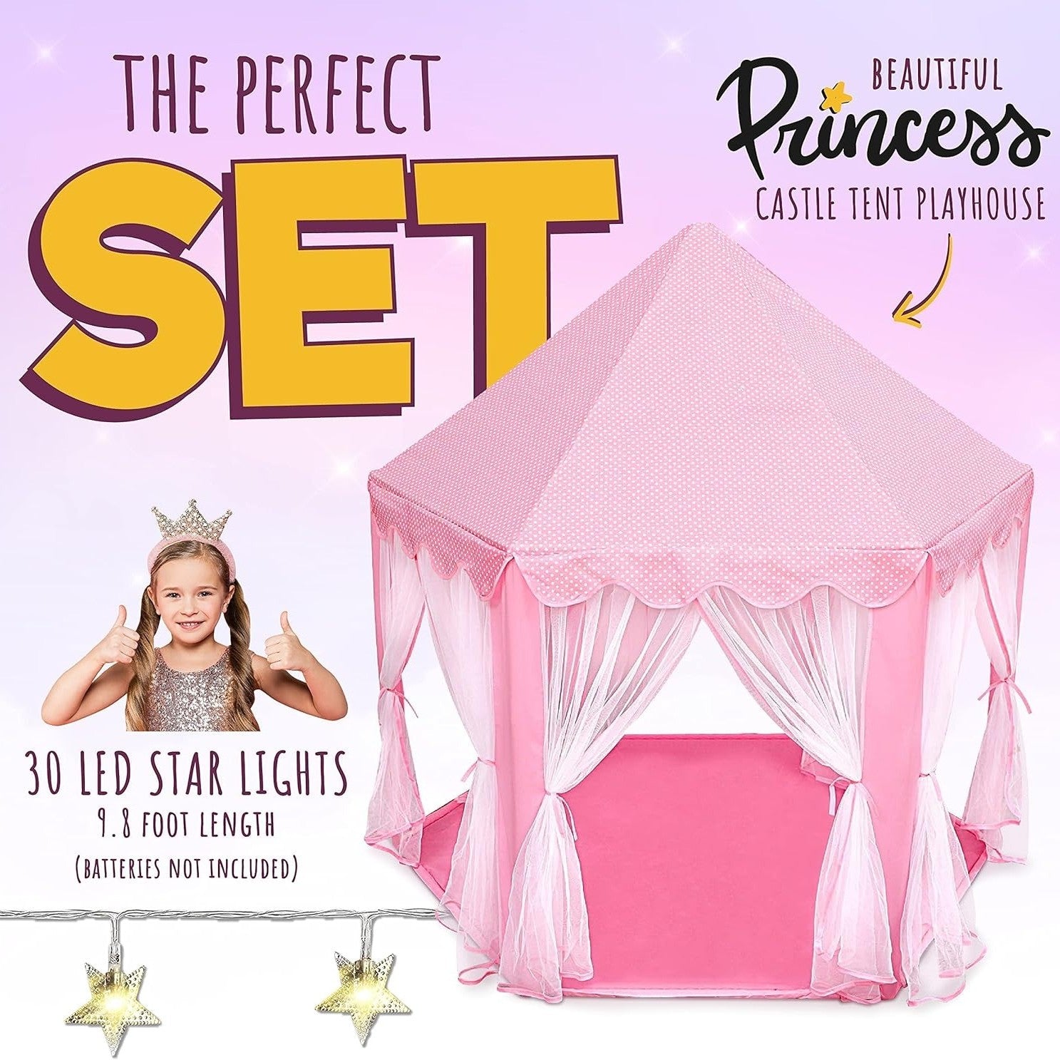 Kids Indoor & Outdoor Playhouse Tent with Foldable, Portable Design, LED Star String Lights and Breathable Mesh Curtains, Safe for Ages 3+