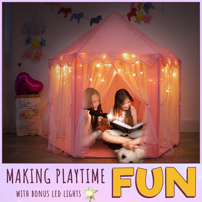 Kids Indoor & Outdoor Playhouse Tent with Foldable, Portable Design, LED Star String Lights and Breathable Mesh Curtains, Safe for Ages 3+