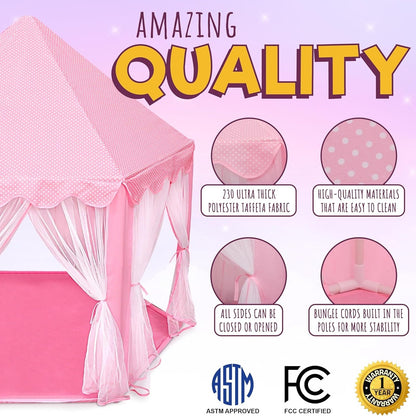 Kids Indoor & Outdoor Playhouse Tent with Foldable, Portable Design, LED Star String Lights and Breathable Mesh Curtains, Safe for Ages 3+