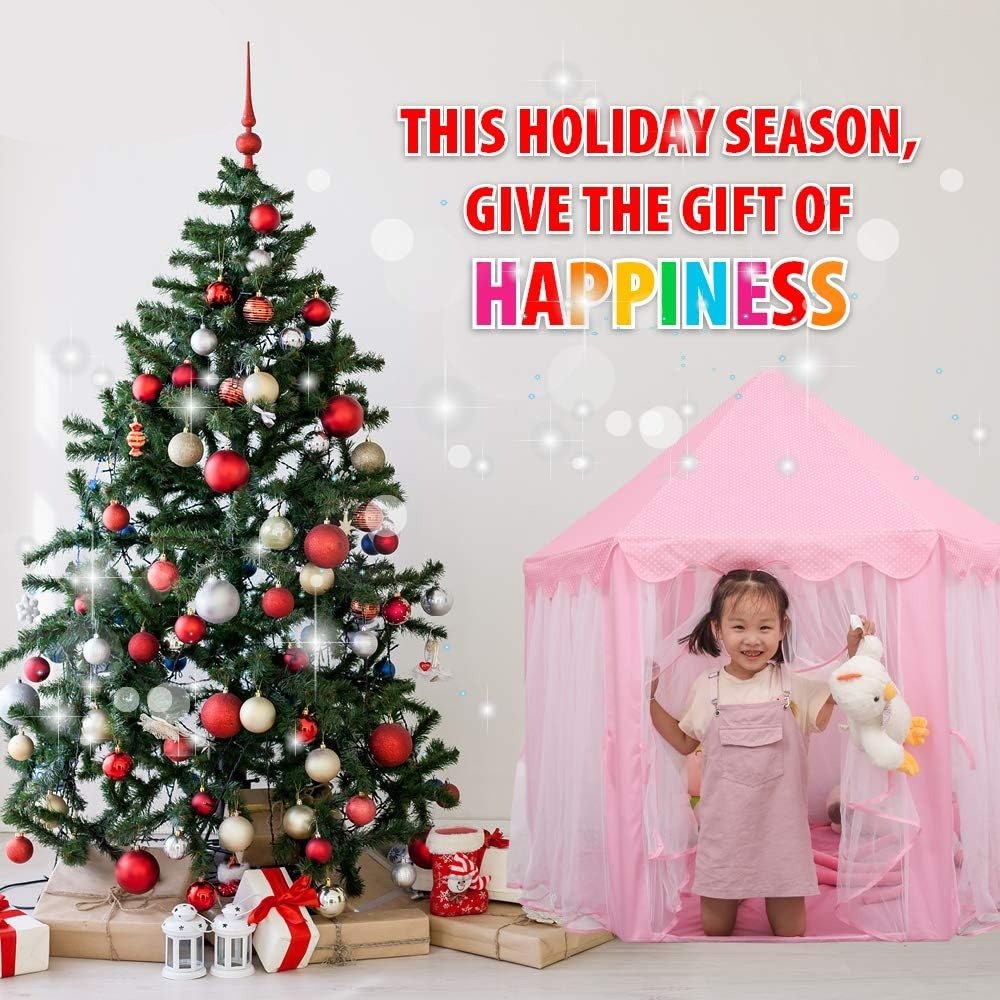 Kids Indoor & Outdoor Playhouse Tent with Foldable, Portable Design, LED Star String Lights and Breathable Mesh Curtains, Safe for Ages 3+
