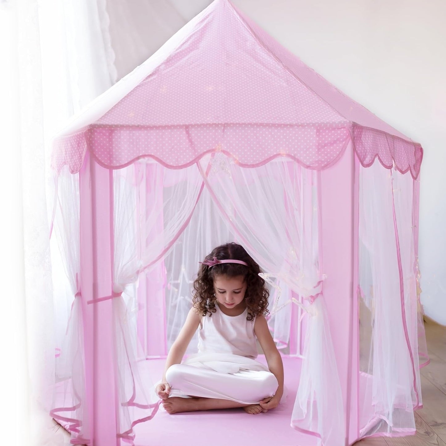 Kids Indoor & Outdoor Playhouse Tent with Foldable, Portable Design, LED Star String Lights and Breathable Mesh Curtains, Safe for Ages 3+