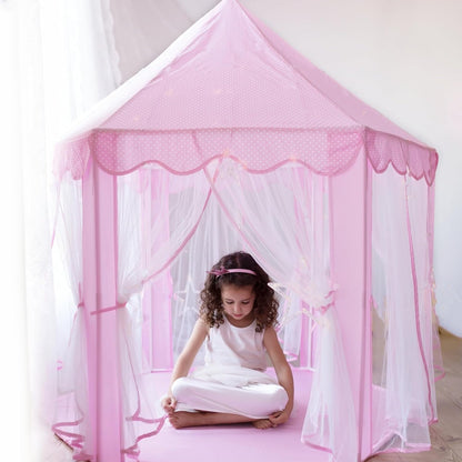 Kids Indoor & Outdoor Playhouse Tent with Foldable, Portable Design, LED Star String Lights and Breathable Mesh Curtains, Safe for Ages 3+