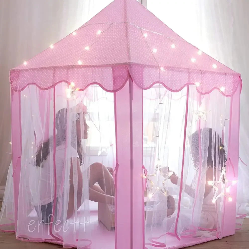 Kids Indoor & Outdoor Playhouse Tent with Foldable, Portable Design, LED Star String Lights and Breathable Mesh Curtains, Safe for Ages 3+