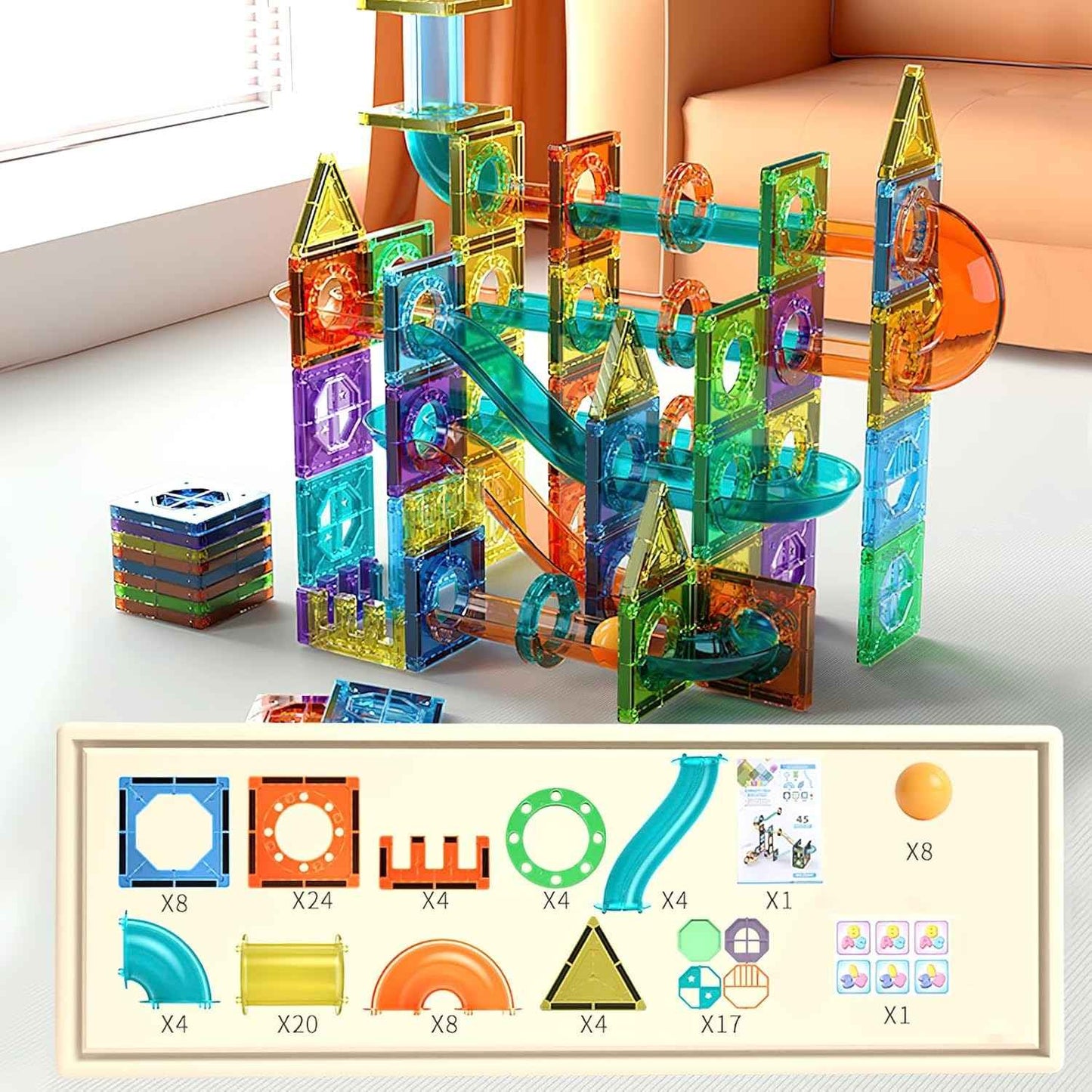 Kids Marble Run Creative Magnetic Toy 68 Pieces With 3D Building, Safe Plastic, Physics Learning Fun, Safe for Ages 3+
