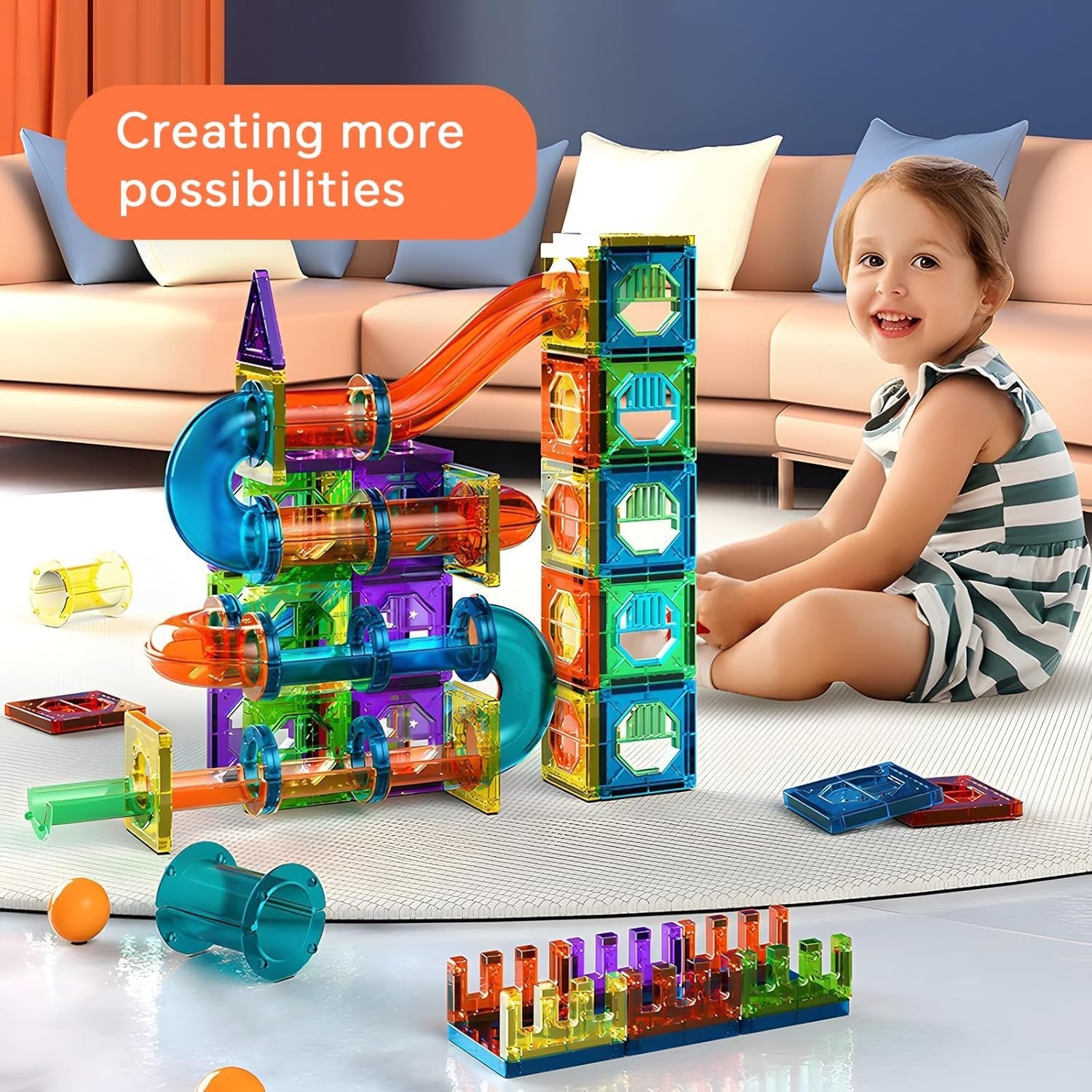 Kids Marble Run Creative Magnetic Toy 68 Pieces With 3D Building, Safe Plastic, Physics Learning Fun, Safe for Ages 3+
