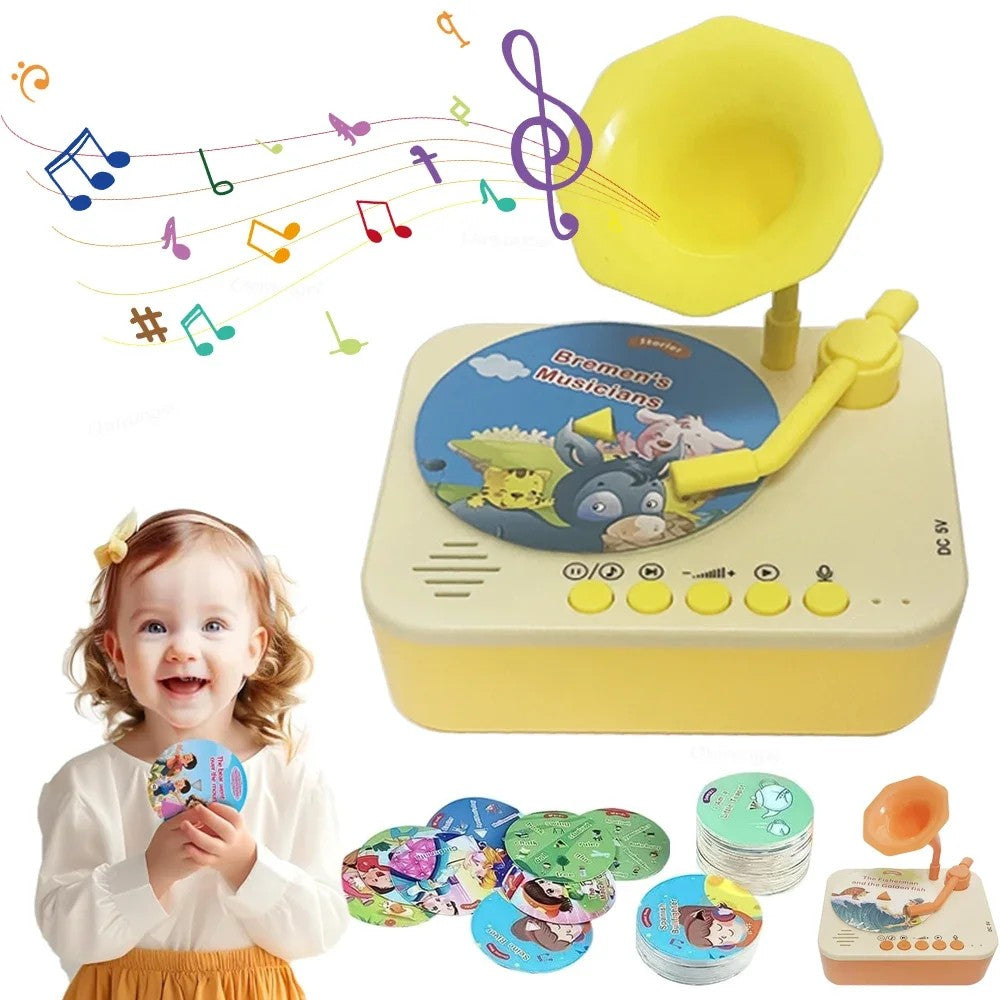 Kids Story Player Gramophone - 96 Themed Discs, Boosts English Skills, Easy Controls, Eye-Catching Design, Safe for Toddlers 3+